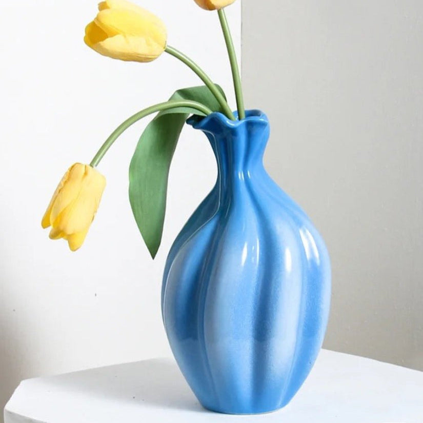 Handcrafted French Style Gradient Blue Ceramic Vase - Unique Flower Vessels-2
