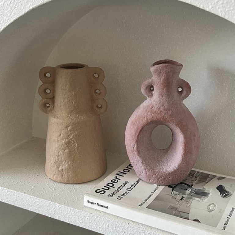 Handmade Wabi Sabi Abstract Pottery Vase, Crude Rustic Decorative Flower Vessel-3