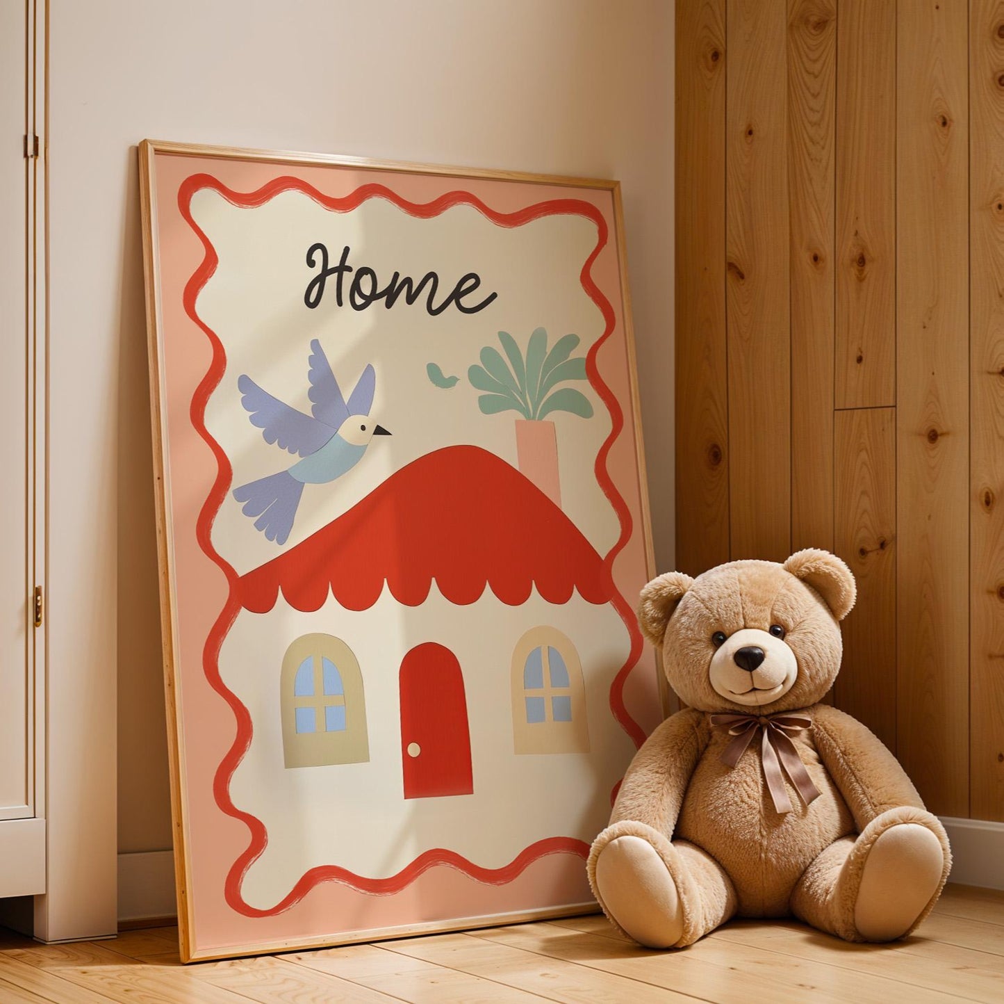 Poster Kinderzimmer Haus · Home mit Vogel & Pflanze · Liebevolles Wandbild · Sanfte Farben · Deko Print ohne Rahmen-4