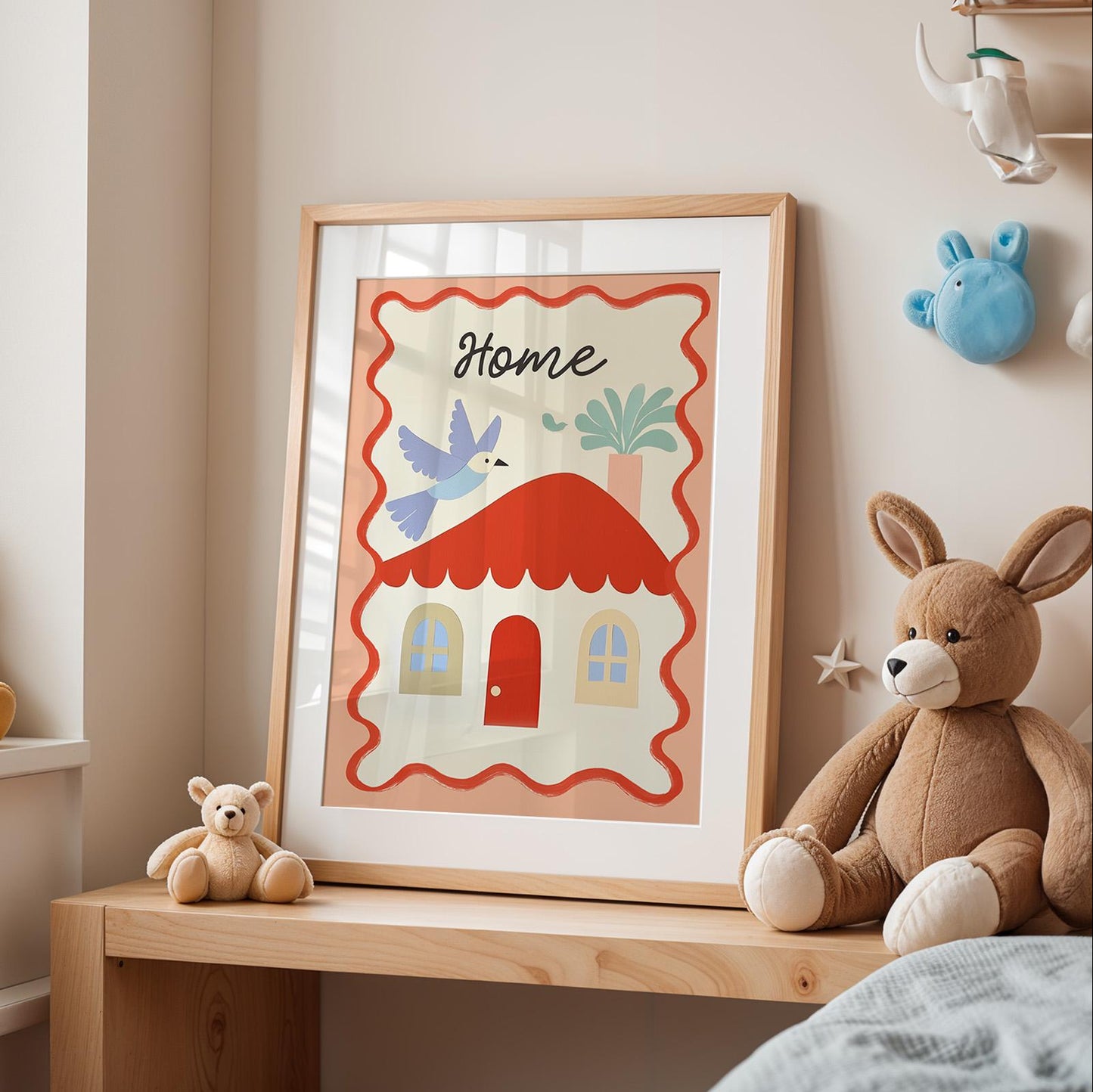 Poster Kinderzimmer Haus · Home mit Vogel & Pflanze · Liebevolles Wandbild · Sanfte Farben · Deko Print ohne Rahmen-2