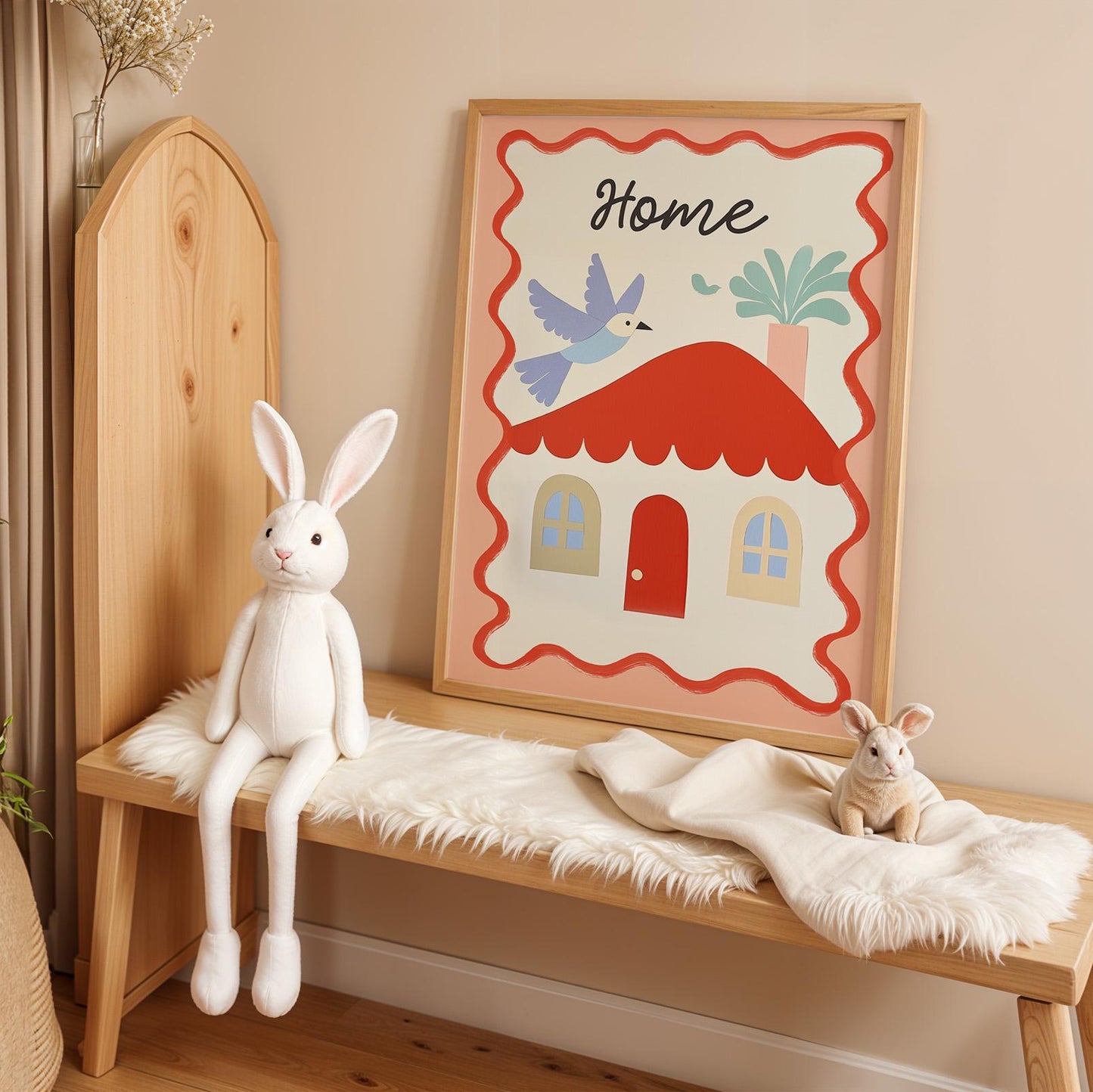 Poster Kinderzimmer Haus · Home mit Vogel & Pflanze · Liebevolles Wandbild · Sanfte Farben · Deko Print ohne Rahmen-3