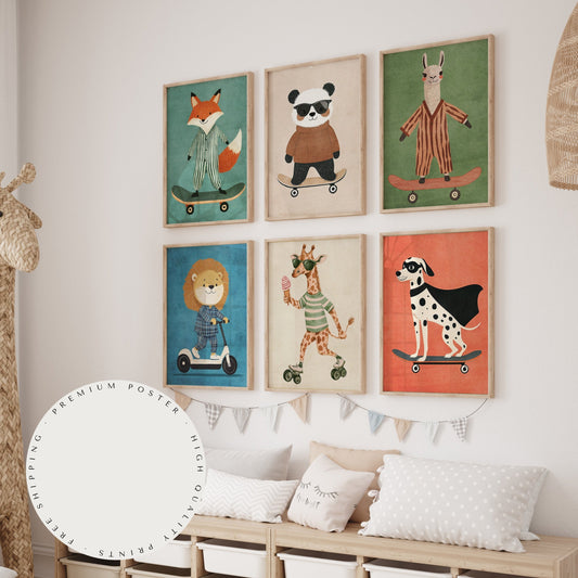 Skateboard Waldtiere Poster Kinderzimmer · Geschenkidee für Kinder · Dalmatiner Löwe Fuchs Lama Koala Bär · Deko Print ohne Rahmen-0