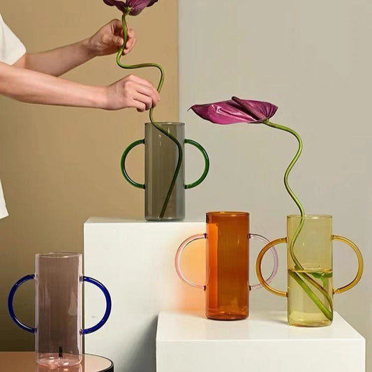 Dual-handle Dopamine Glass Flower Vase - Whimsical Table Setting Centerpiece-0