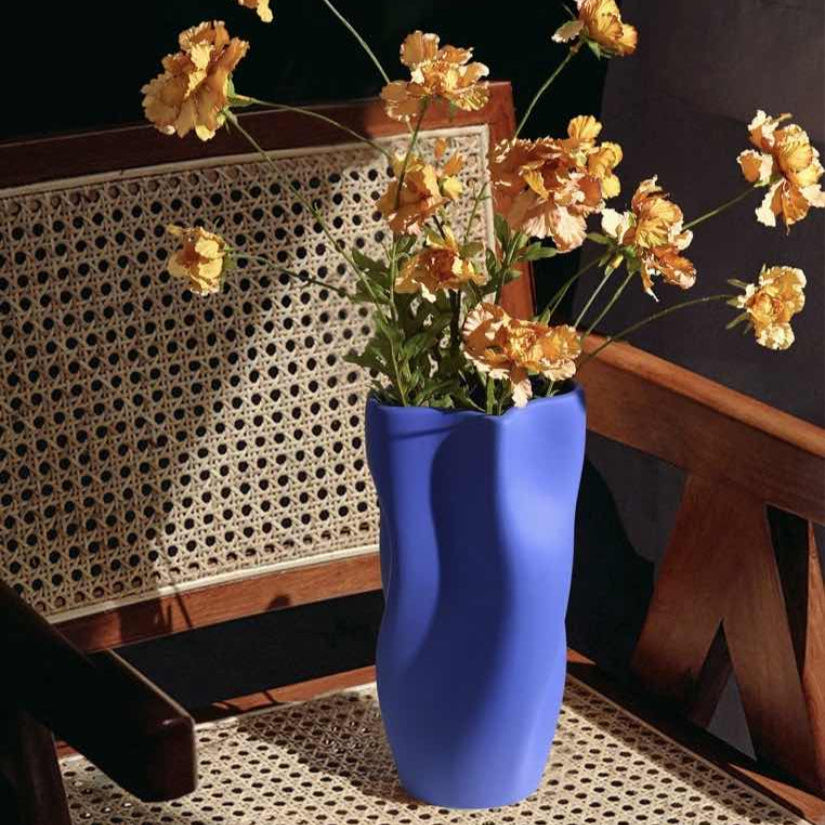 Handcrafted Modern Klein Blue Wavy Vase - Unique Dinner Party Decorative Centrepiece-1