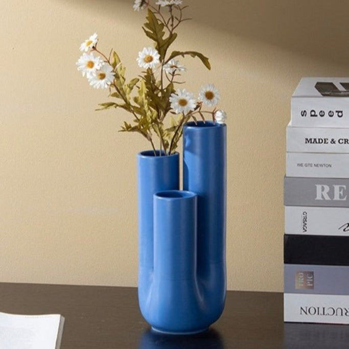 Handmade Funky Memphis Triple Stems Ceramic Vase, Decorative Flower Vessel-0