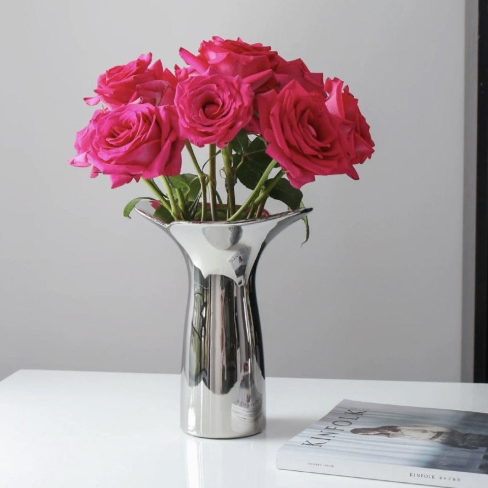Handmade Modern Silver Bloom Vase, Ceramic Botanica Centrepiece Vase-5