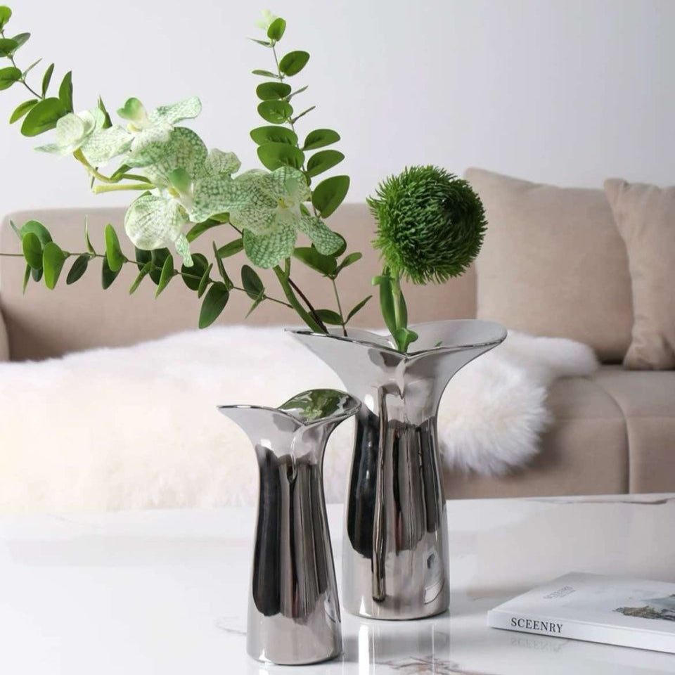 Handmade Modern Silver Bloom Vase, Ceramic Botanica Centrepiece Vase-3