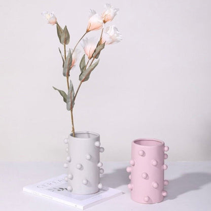 Handmade Morandi-color Pomponette Vase, Dotted Cylinder Centrepiece-2