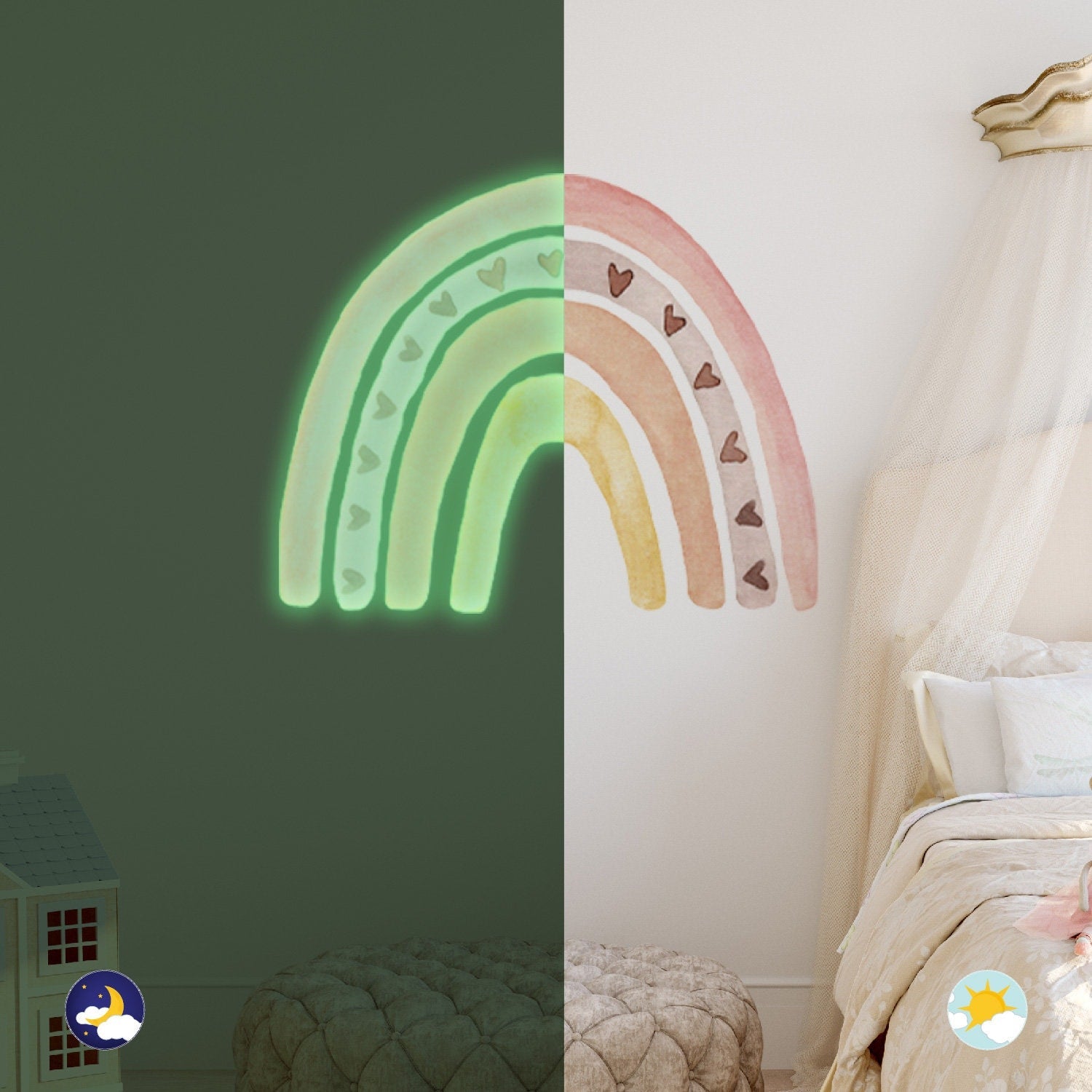 Sticker Kinderzimmer Wandaufkleber Boho Stil Regenbogen Wolken Leuchtet I Wandtattoos I Babyzimmer Wand Deko I Sticker Set-0