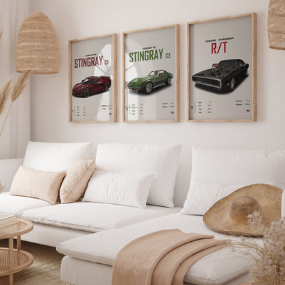 Poster Sportwagen CORVETTE Stingray C8 C3 DODGE CHARGER RTSportauto I Geschenk für ihn I Wohnzimmmer & Büro I Wand Deko I Print ohne Rahmen-3