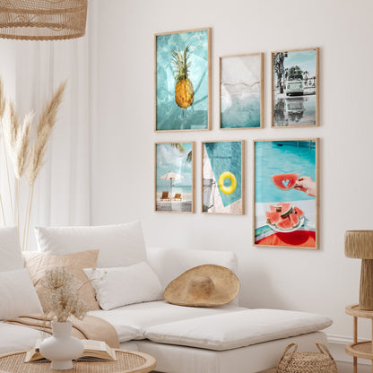 Poster Urlaub Ananas Pool Strand Surfbrett Buggy Wassermelone I Bilder Wohnzimmer & Schlafzimmer I  Wand Deko I Kunst Druck ohne Rahmen-0