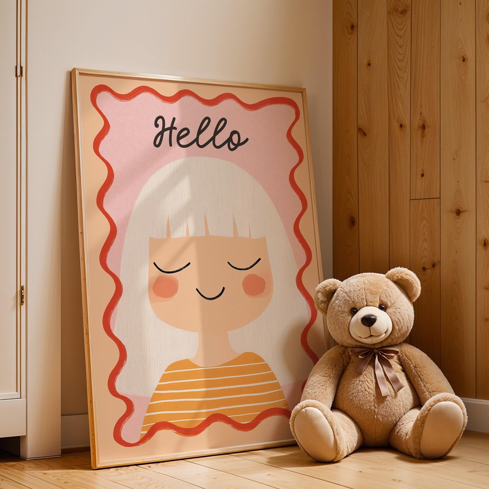 Poster Kinderzimmer Mädchen · Hello Schriftzug · Fröhliches Porträt mit weißen Haaren · Sanfte Farben · Deko ohne Rahmen-4