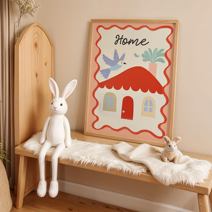 Poster Kinderzimmer Haus · Home mit Vogel & Pflanze · Liebevolles Wandbild · Sanfte Farben · Deko Print ohne Rahmen-3
